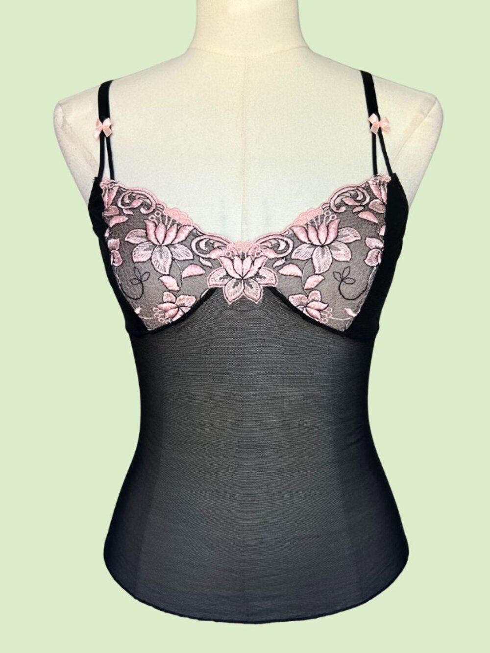 Sears Black Sheer Camisole Bodysuit with Pink Floral Embroidery